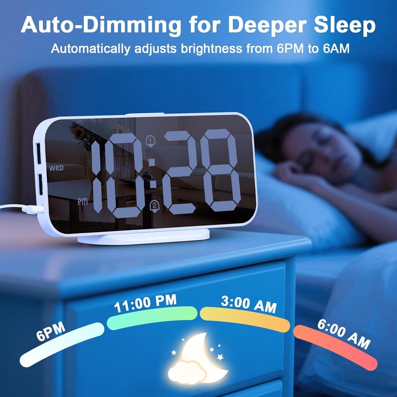 ALANAS Digital Alarm Clock for Bedrooms, Dual Alarms with Snooze, Big LED Mirror Display, 4-Level Dimmer & 2 USB Ports, Plug in Clocks, Aesthetic Modern Desk Clock for Home Office, Gift - Image 5